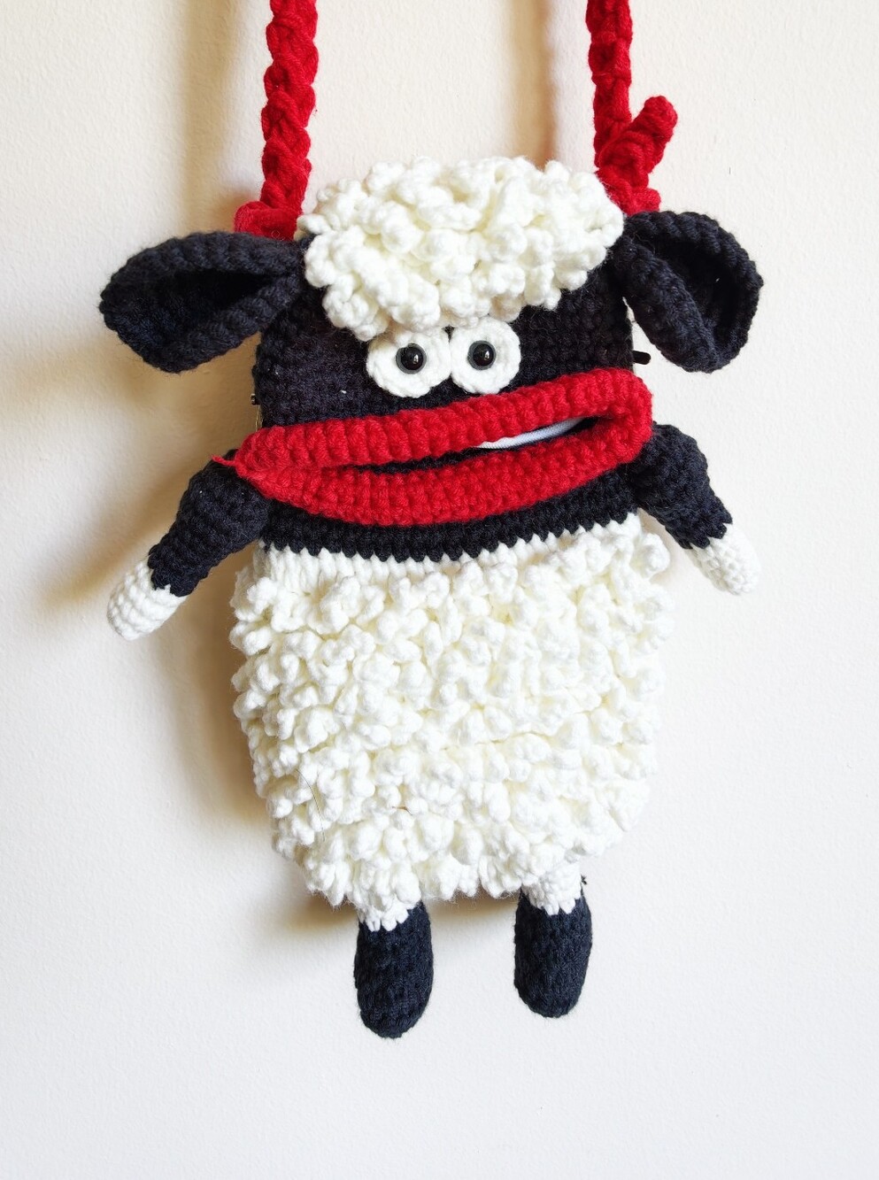 Crochet Plush Sheep Crossbody Bag in White and Red Handmade Cellphone Bag